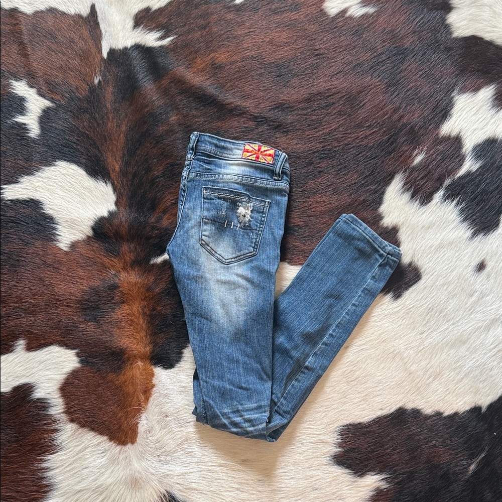 Machine Distressed Blue Skinny Jeans